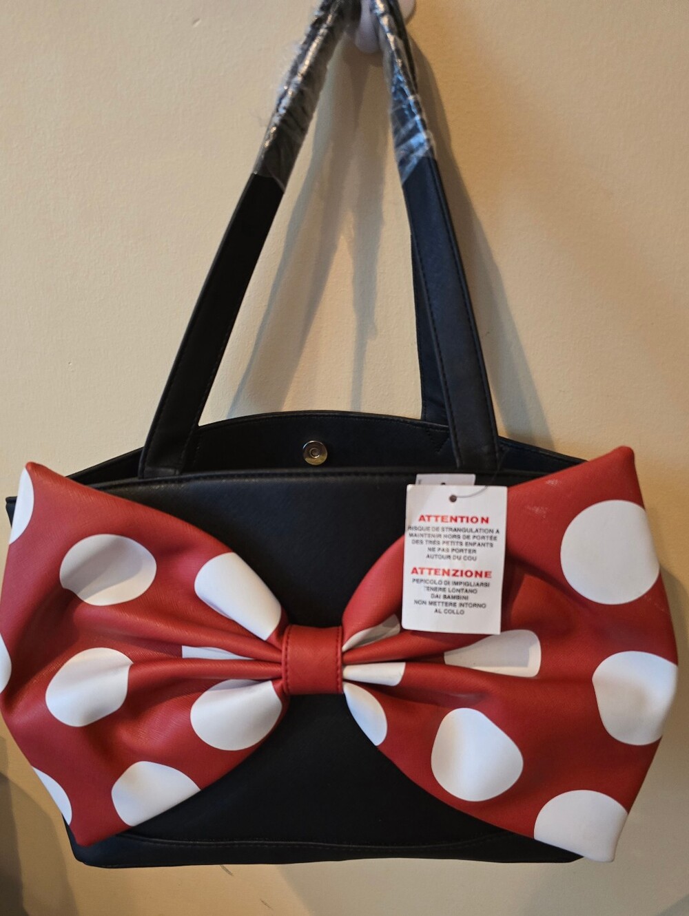 Disney Parks Minnie Mouse Large Tote Bag Black Leather Oversized Red Bow NWT